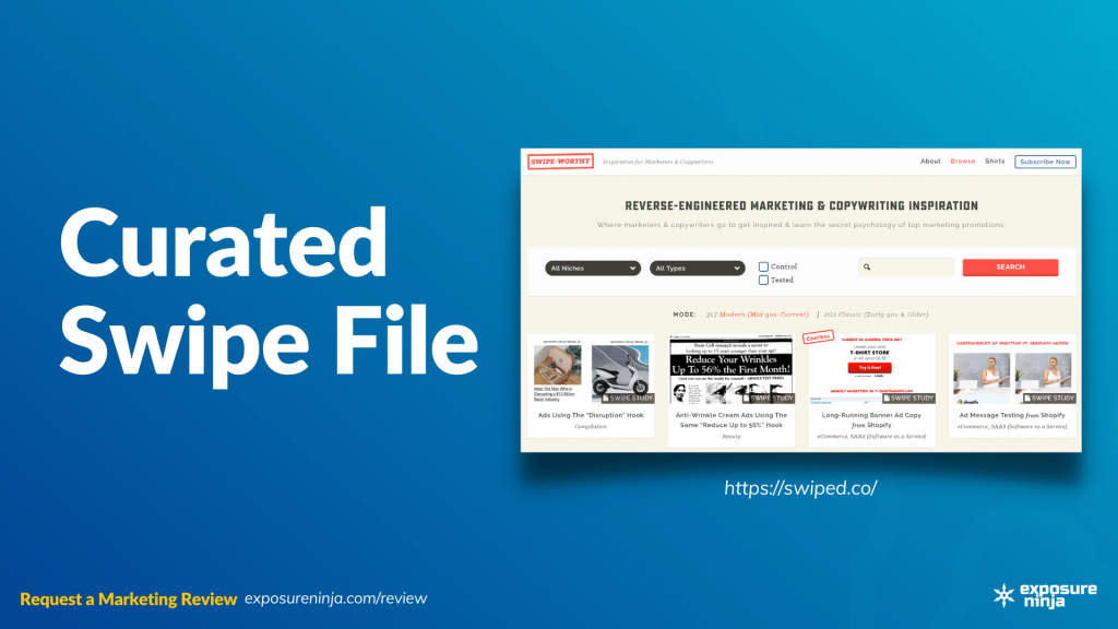 Image with the text, "Curated Swipe File".