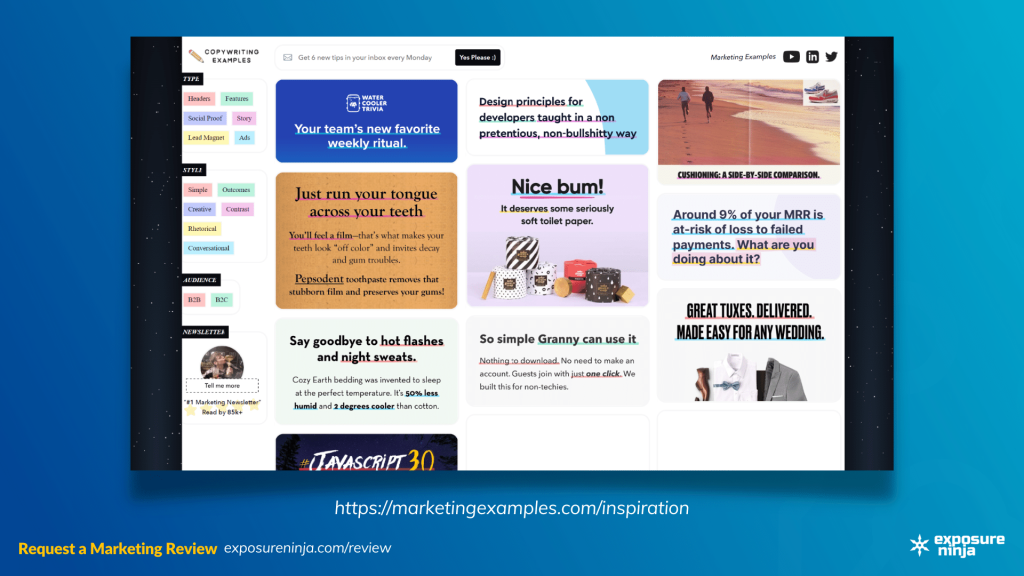 Screenshot of the Copywriting Examples website.