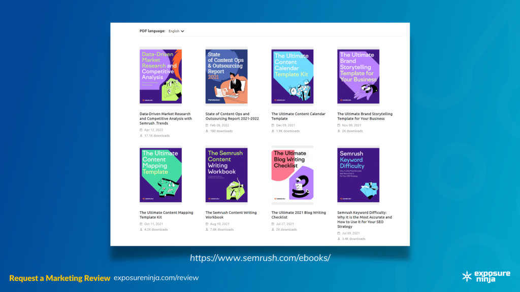 Screenshot of the Semrush eBook library.