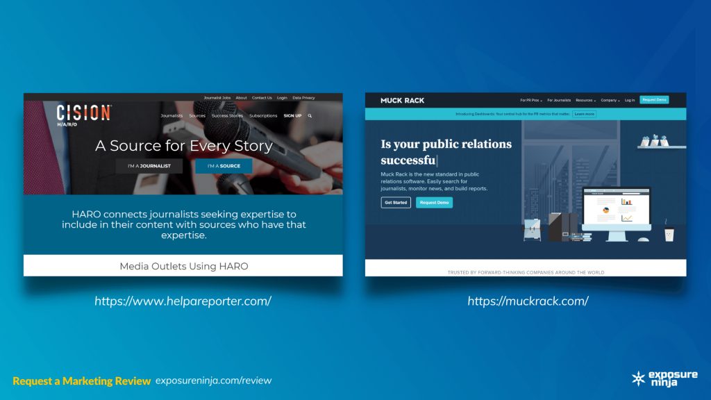 Screenshots of the HARO and Muck Rack websites.