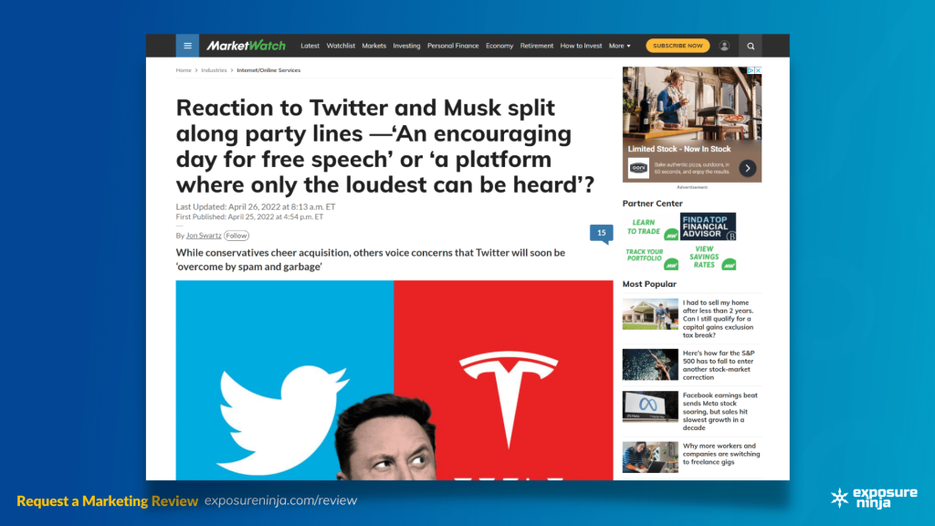 Screenshot of the MarketWatch website.