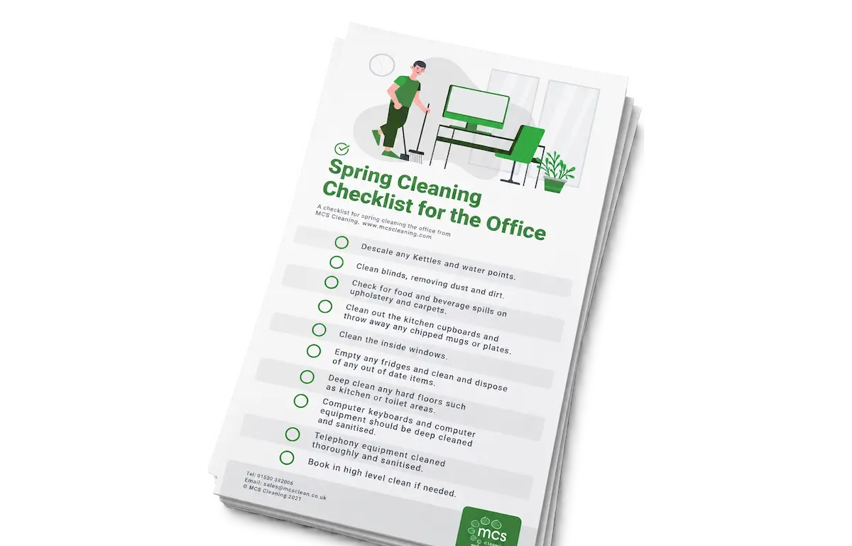 Printable "Spring Cleaning Checklist for the Office" from MCS Cleaning with a green illustration and ten checklist items for tidying an office space