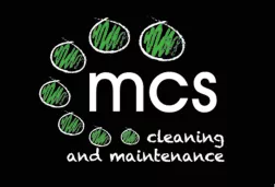 MCS Cleaning and Maintenance logo with green scribbled circle icons and white text on a black background