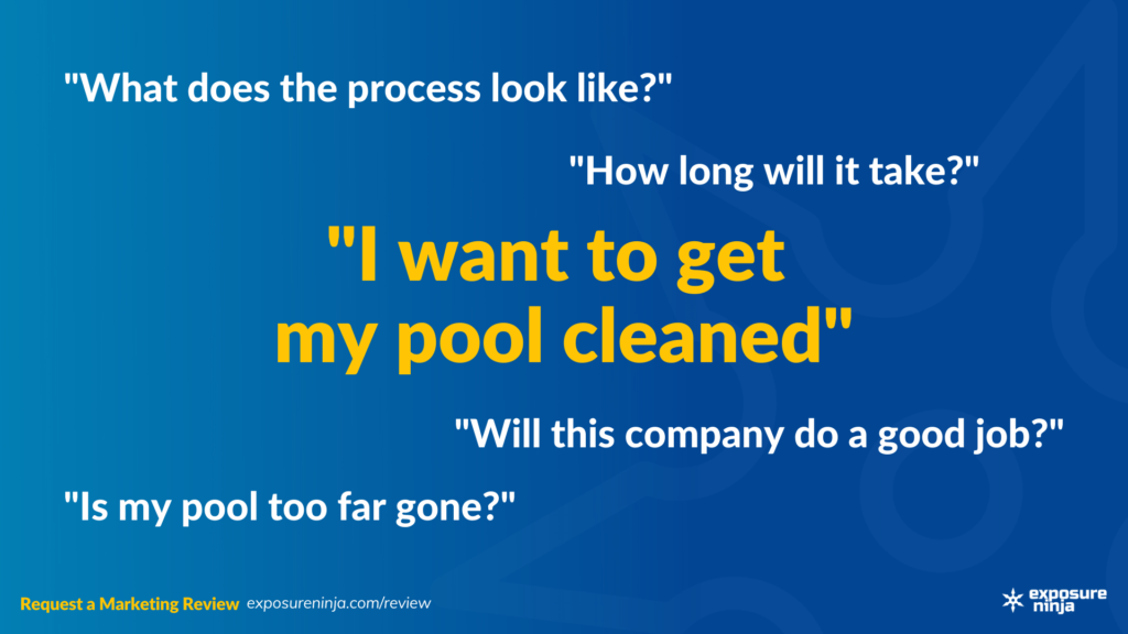 Image with examples of questions people may be asking before finding a pool cleaner.