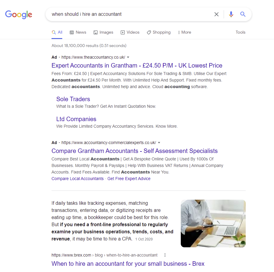 Google search results for “when should I hire an accountant?”