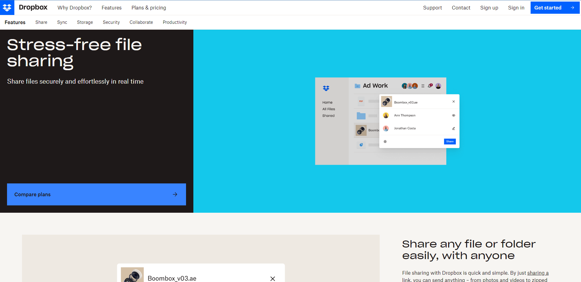 Screenshot of a page from the Dropbox website. The header text reads "stress-free file sharing"