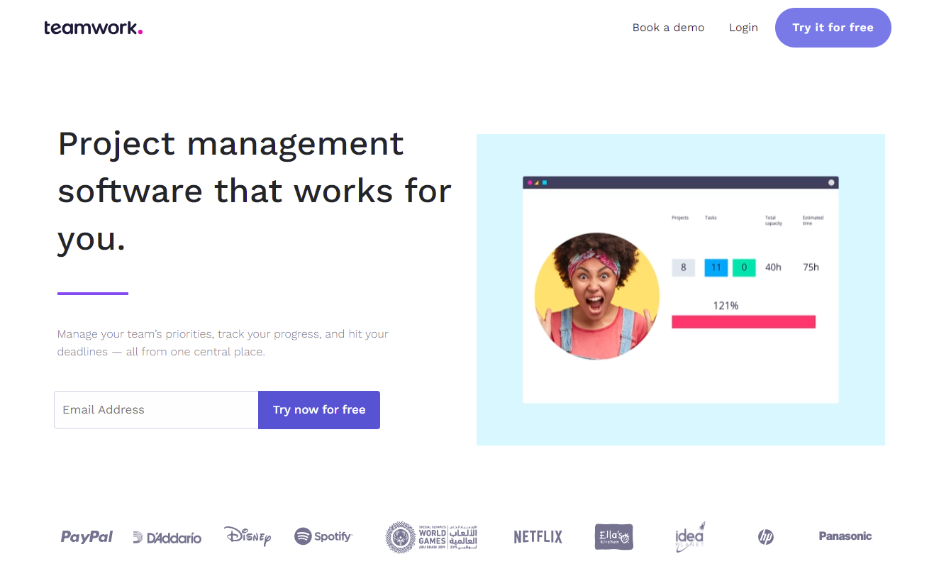 Screenshot of a landing page on Teamwork. The header is "Project management software that works for you"