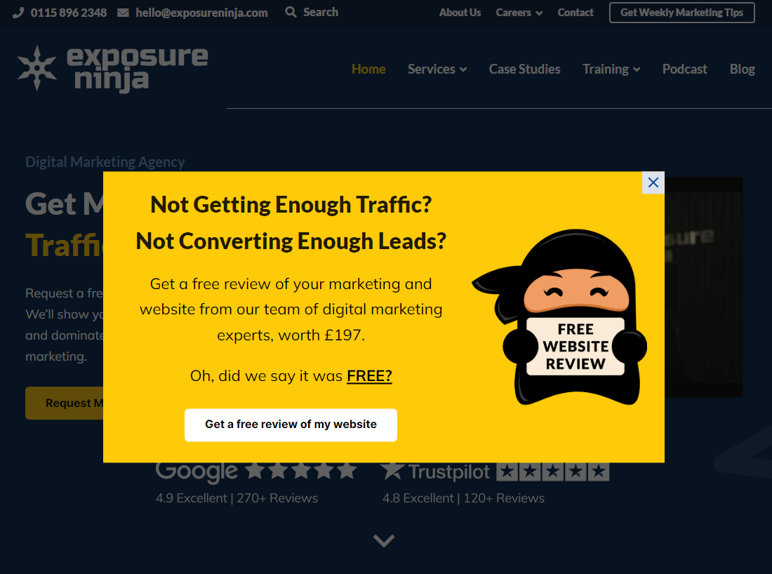 Example of an exit intent pop up