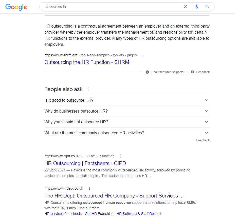 Screenshot of the organic search results for the search "outsourced HR"