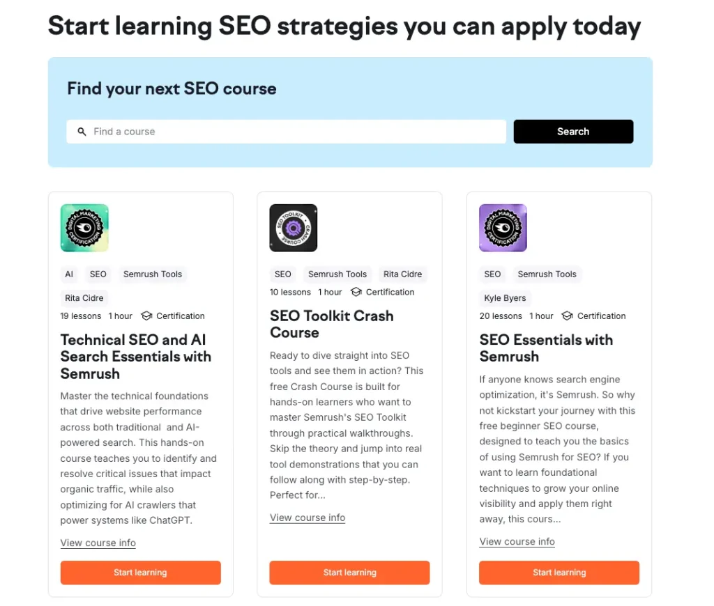 Sermrush SEO Courses with Certifications