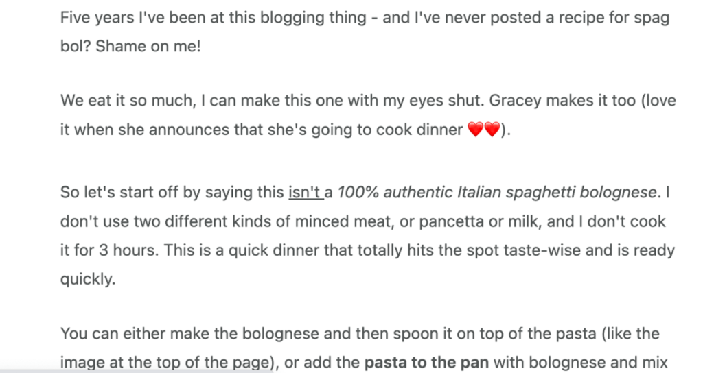 Screenshot of a food blogger's backstory about spaghetti bolognese.