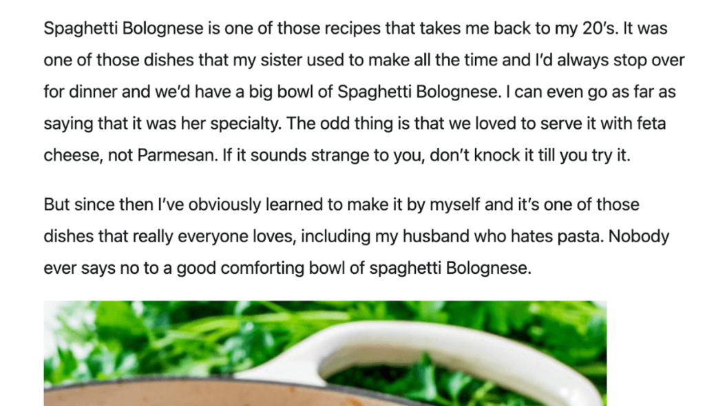 Screenshot of a food blogger's post about spaghetti bolognese.
