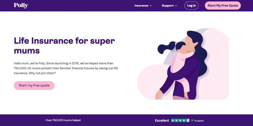 Polly insurance provider showing imagery of a mom and a child, aligning with family-orientated mother audience