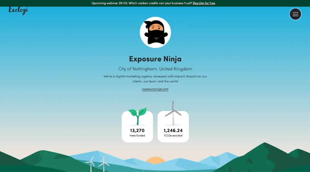 Ecologi's page for Exposure Ninja, showing 13,270 trees funded and 1,246.24 tCO2e avoided 