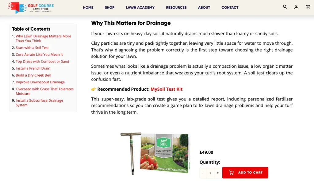 Golf Course Lawn Store blog on Lawn Drainage showing the embed of a product with easy add to cart functionality