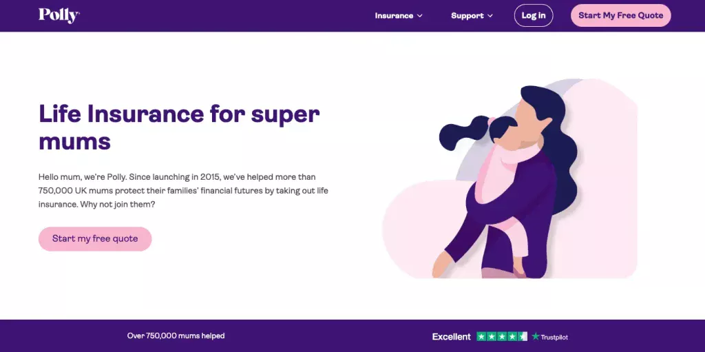 Polly insurance provider showing imagery of a mom and a child, aligning with family-orientated mother audience