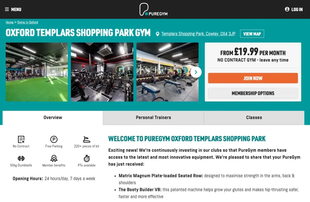 PureGym's personalised landing page dedicated to Oxford-based users