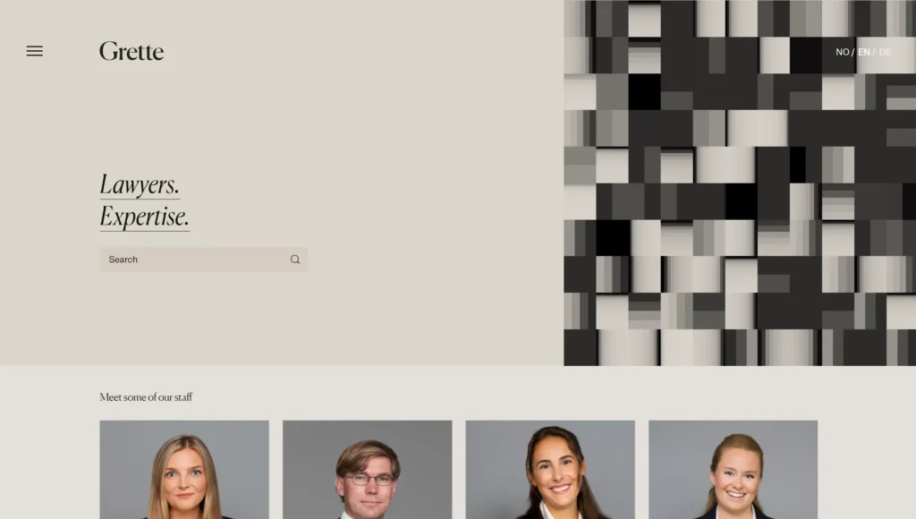 Homepage of Grette Law Firm with abstract art, search bar, and staff photos under the text "Lawyers. Expertise."