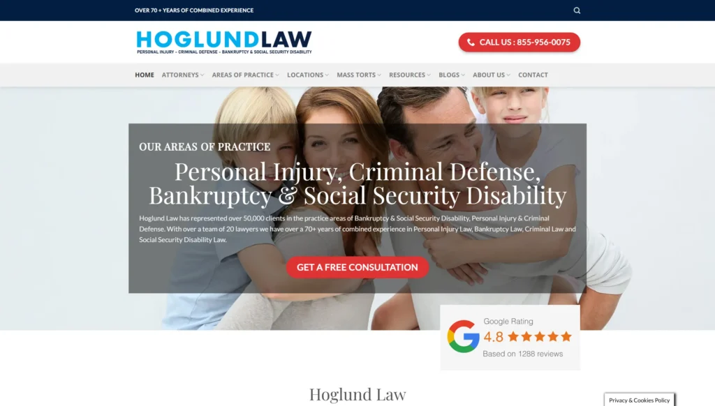 Homepage of Hoglund Law Firm showing smiling family, practice areas, phone number, and 4.8-star rating.