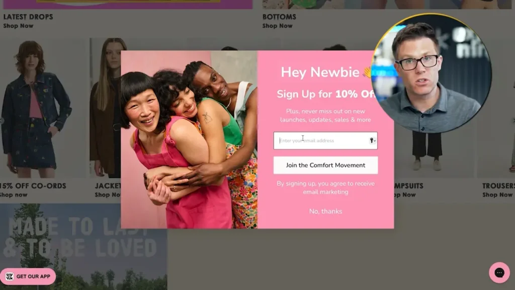 Lucy & Yak popup with three smiling models hugging and text offering 10% off for email sign-up. (109 characters)