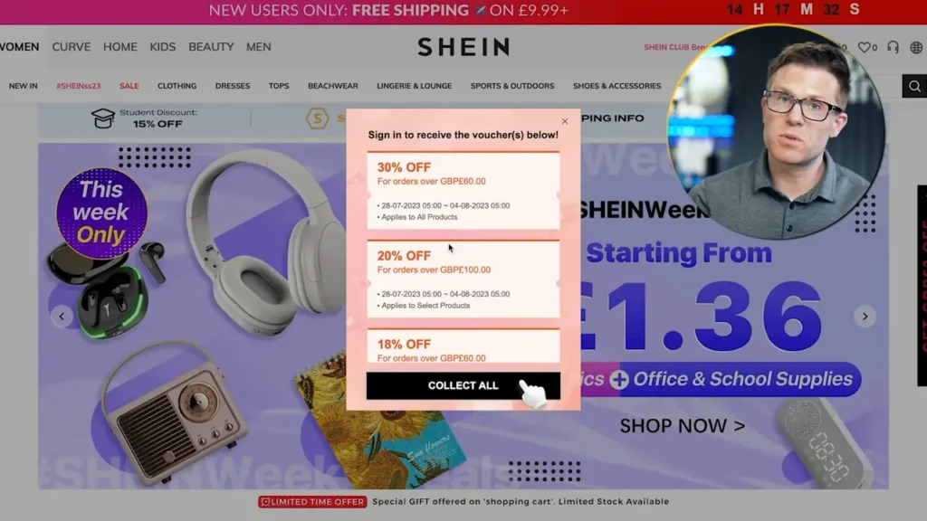 SHEIN homepage with popup offering up to 30% off orders, product images, and £1.36 promo for school supplies.