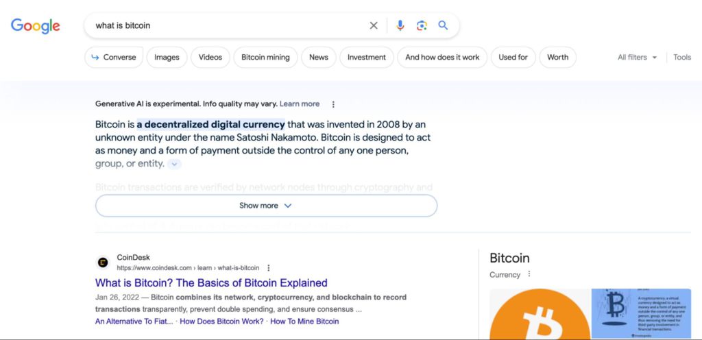 Screenshot of a Google Search Generative Experience result for a "what is bitcoin" search.
