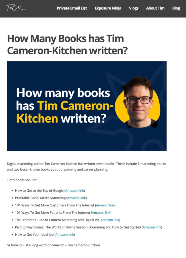 Screenshot showing a page on Tim Cameron-Kitchen's website, updated as part of an SGE test.