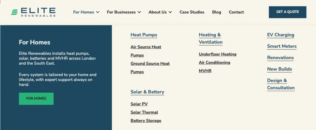 Elite Renewables Mega Menu Segmentation For Homes