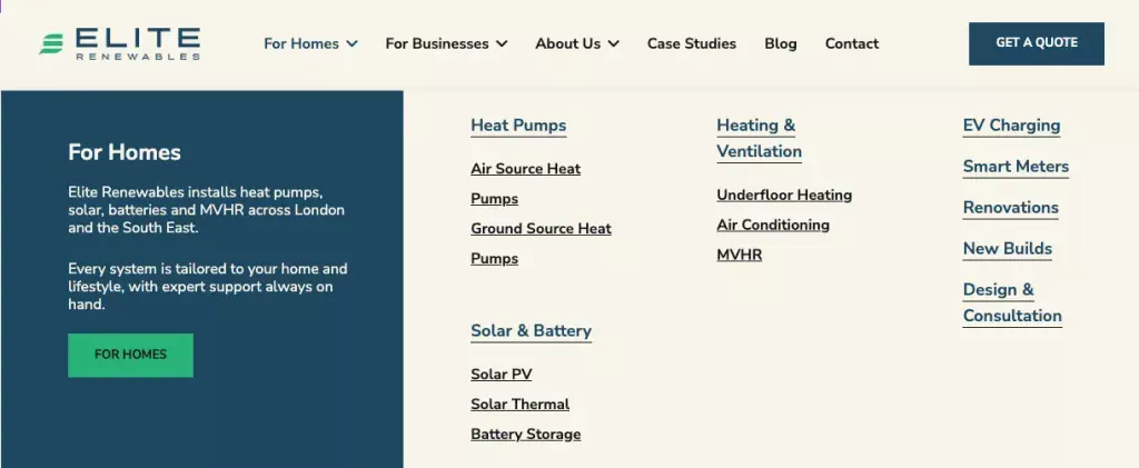 Elite Renewables Mega Menu Segmentation For Homes
