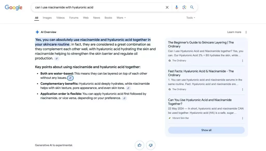 The Ordinary AI Overview for "Can I use niacinamide with hyaluronic acid" 