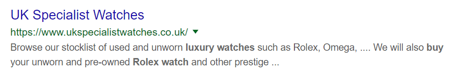 Screenshot of a bad page title for "buy luxury watches" search