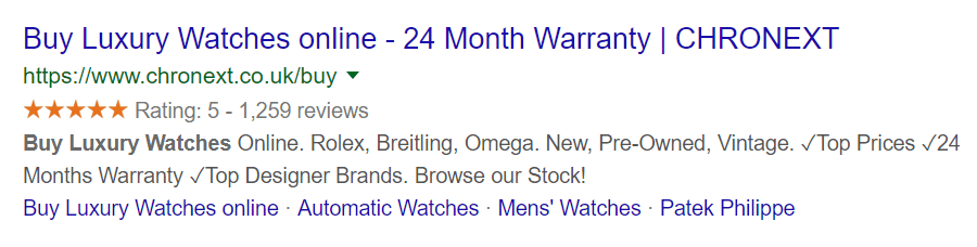 Screenshot example of a good search result for "buy luxury watches"