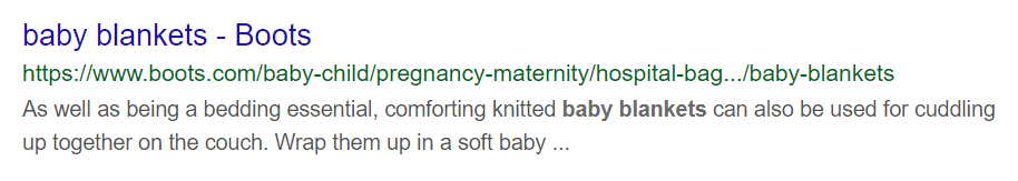 Screenshot of bad page title for "cotton baby blankets" search result.