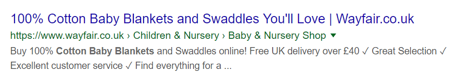 Screenshot of cotton baby blankets meta description