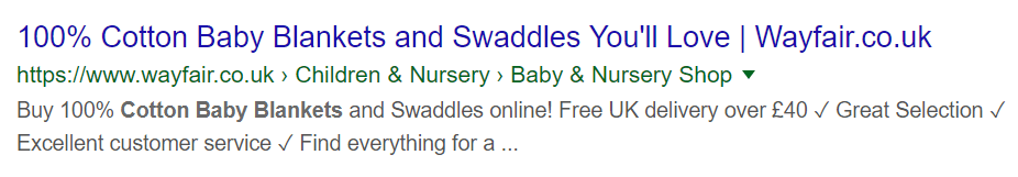 Screenshot of good example search result for "cotton baby blankets"