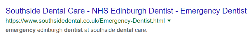 Screenshot of a bad meta description for "emergency dentist in Edinburgh".