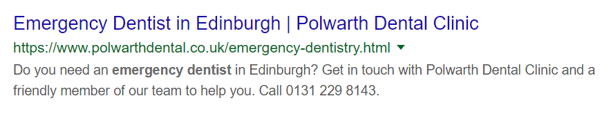 Screenshot of "emergency dentist in Edinburgh" good meta description