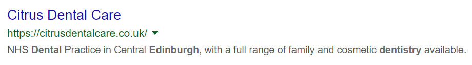 Screenshot of a bad page title for "emergency dentist in Edinburgh" search result