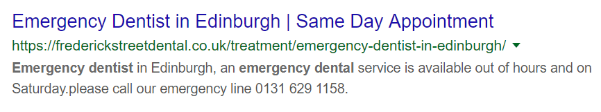 Screenshot of a search result for "emergency dentist in Edinburgh"