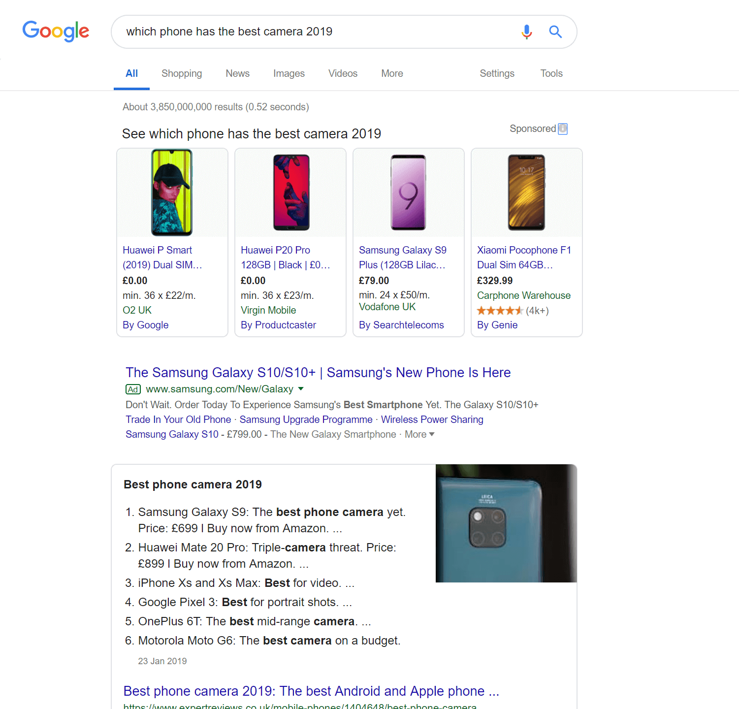 Screenshot of a Google search for "Which phone has the best camera?".