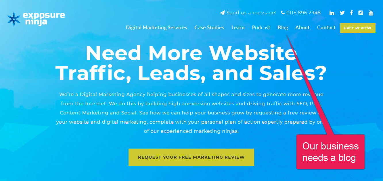 Screenshot of Exposure Ninja's home page with page title and call-to-action highlighted.