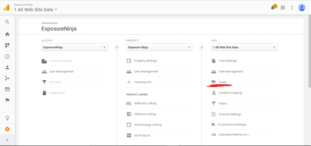 Screenshot of Google Analytics All Web Site Data Goals