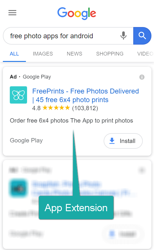 Screenshot of a Google Ads App Extension.