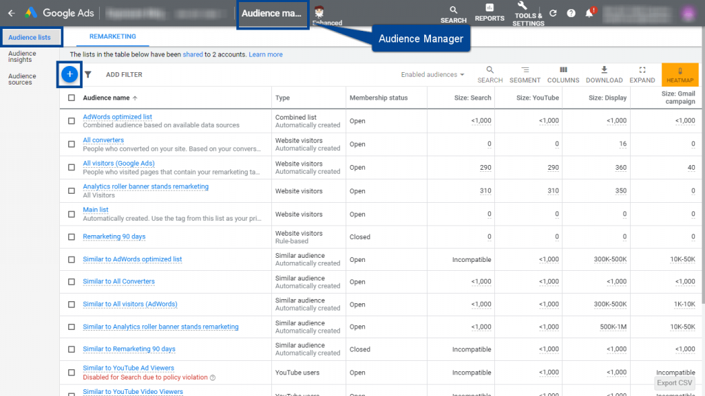 Screenshot of Google Ads Audience Manager