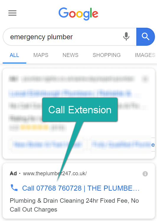 Screenshot of a Google Ads call extension.