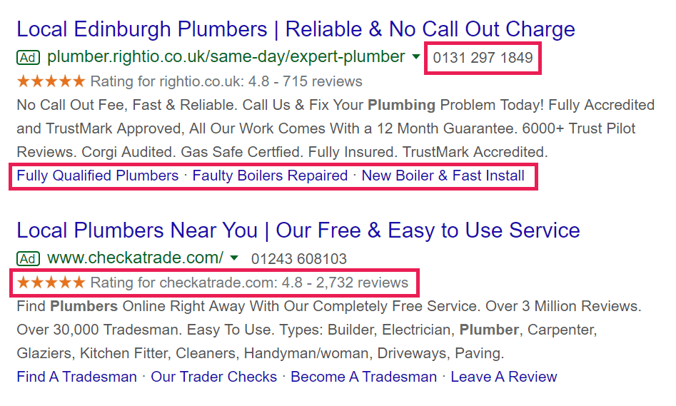 Screenshot of Google Ads extensions in the search results