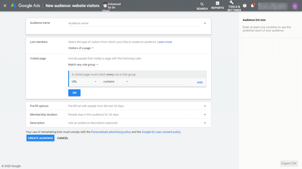 Screenshot of Google Ads Audience Manager