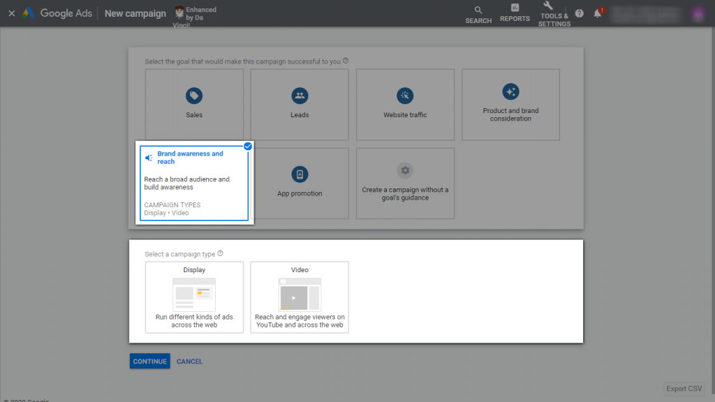 Screenshot of Google Ads New Campaign Goals Options