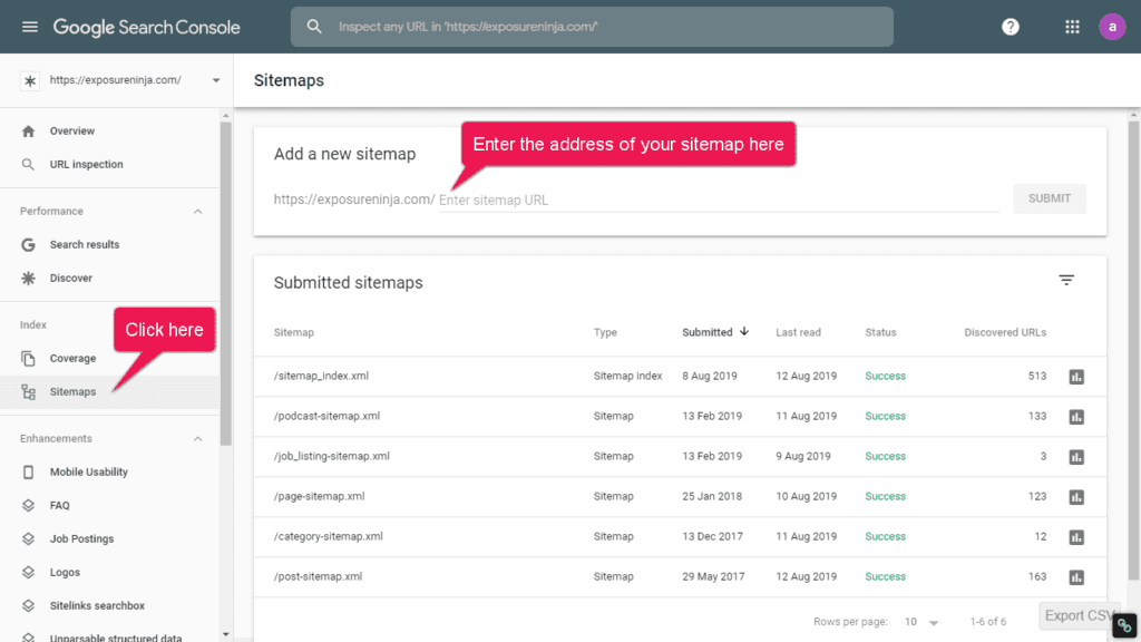 Screenshot of Google Search Console's Sitemap menu