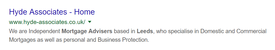 Screenshot of a bad page title for "mortgage adviser" search result